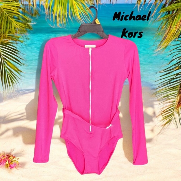 MICHAEL KORS NWT WOMENS LONG SLEEVE ULTA PINK ONE PIECE SWIMWEAR SUIT SIZE 6 - Picture 1 of 7